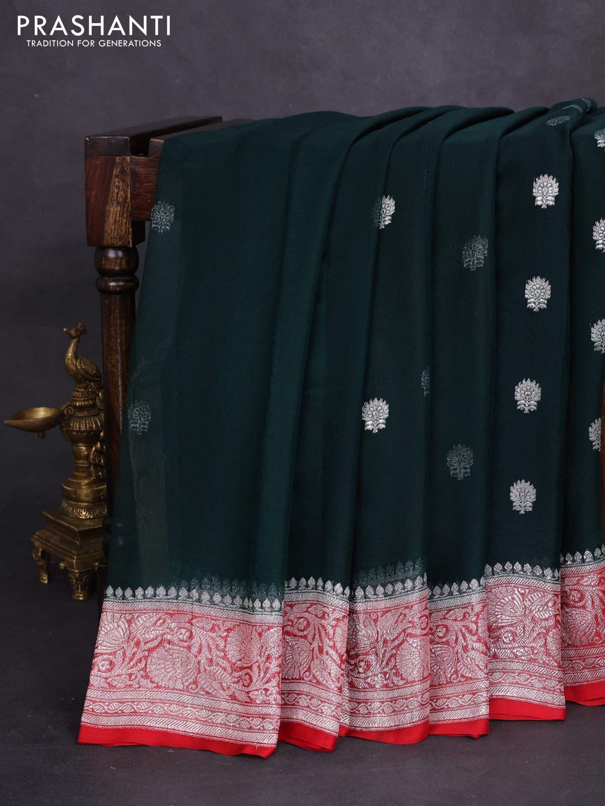 Banarasi chiffon silk saree bottle green and red with silver zari woven buttas and silver zari woven border