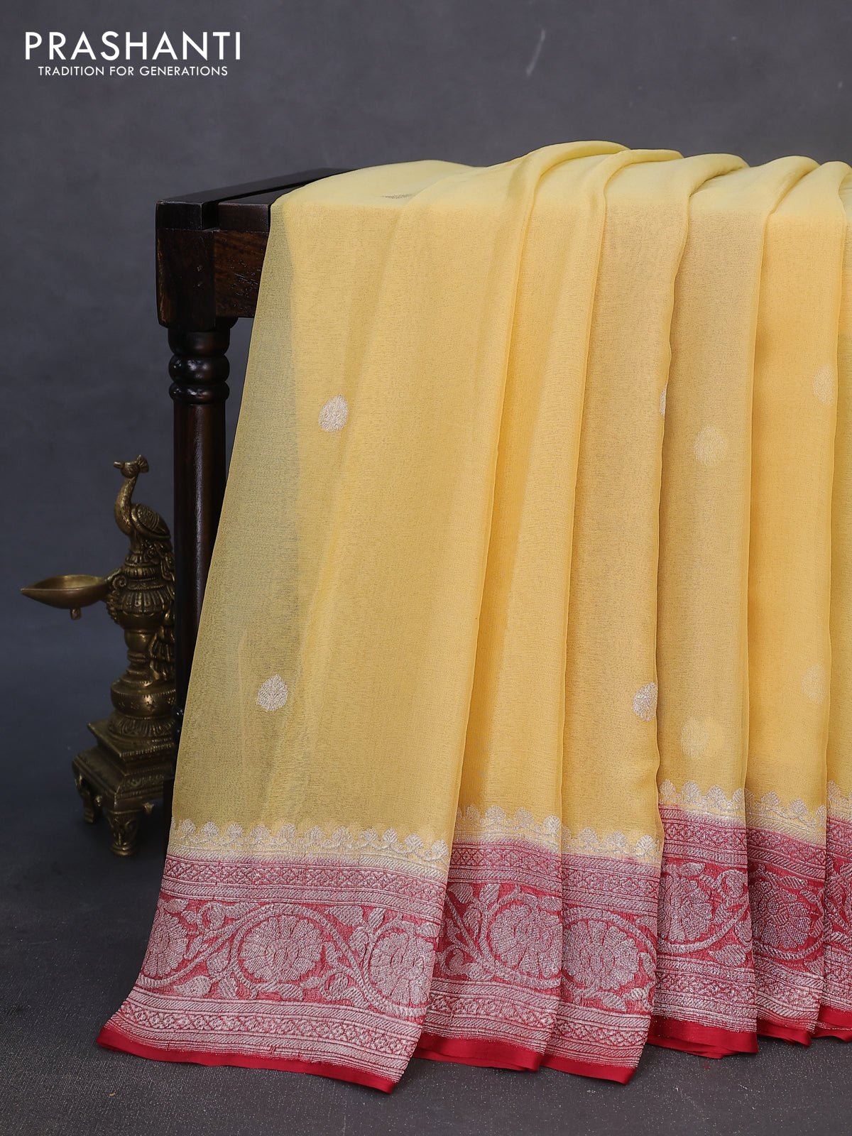 Banarasi chiffon silk saree pale yellow and maroon with silver zari woven buttas and silver zari woven border