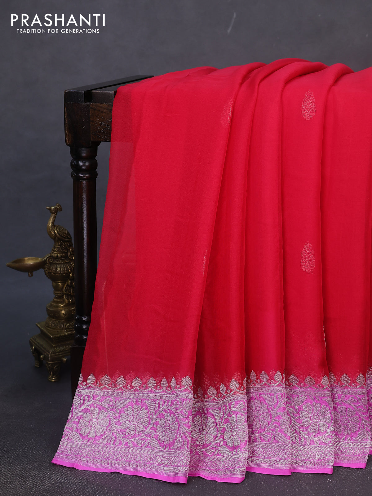 Banarasi chiffon silk saree red and light pink with silver zari woven buttas and silver zari woven border