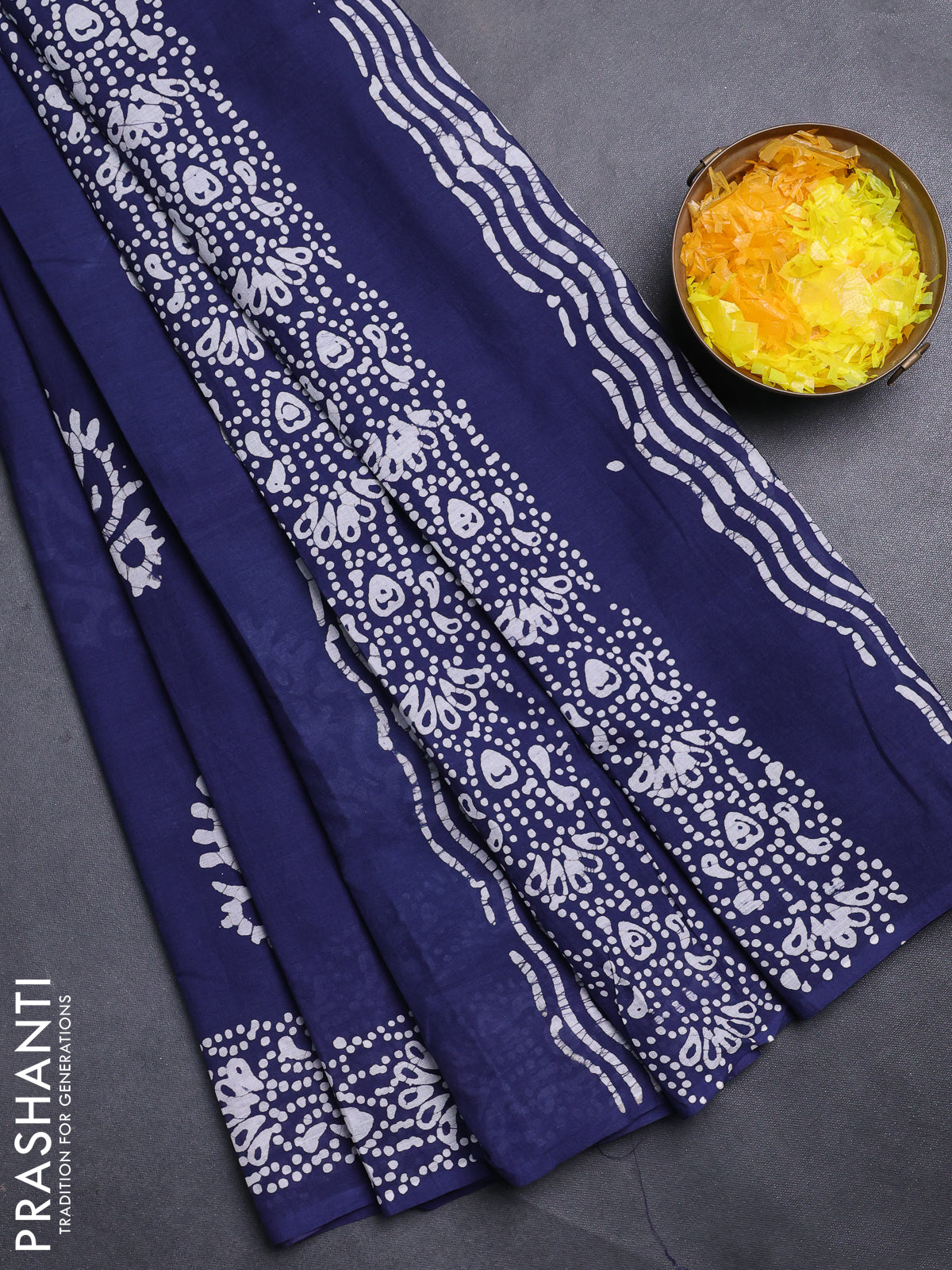 Jaipur cotton saree indigo blue and white with batik prints and printed border
