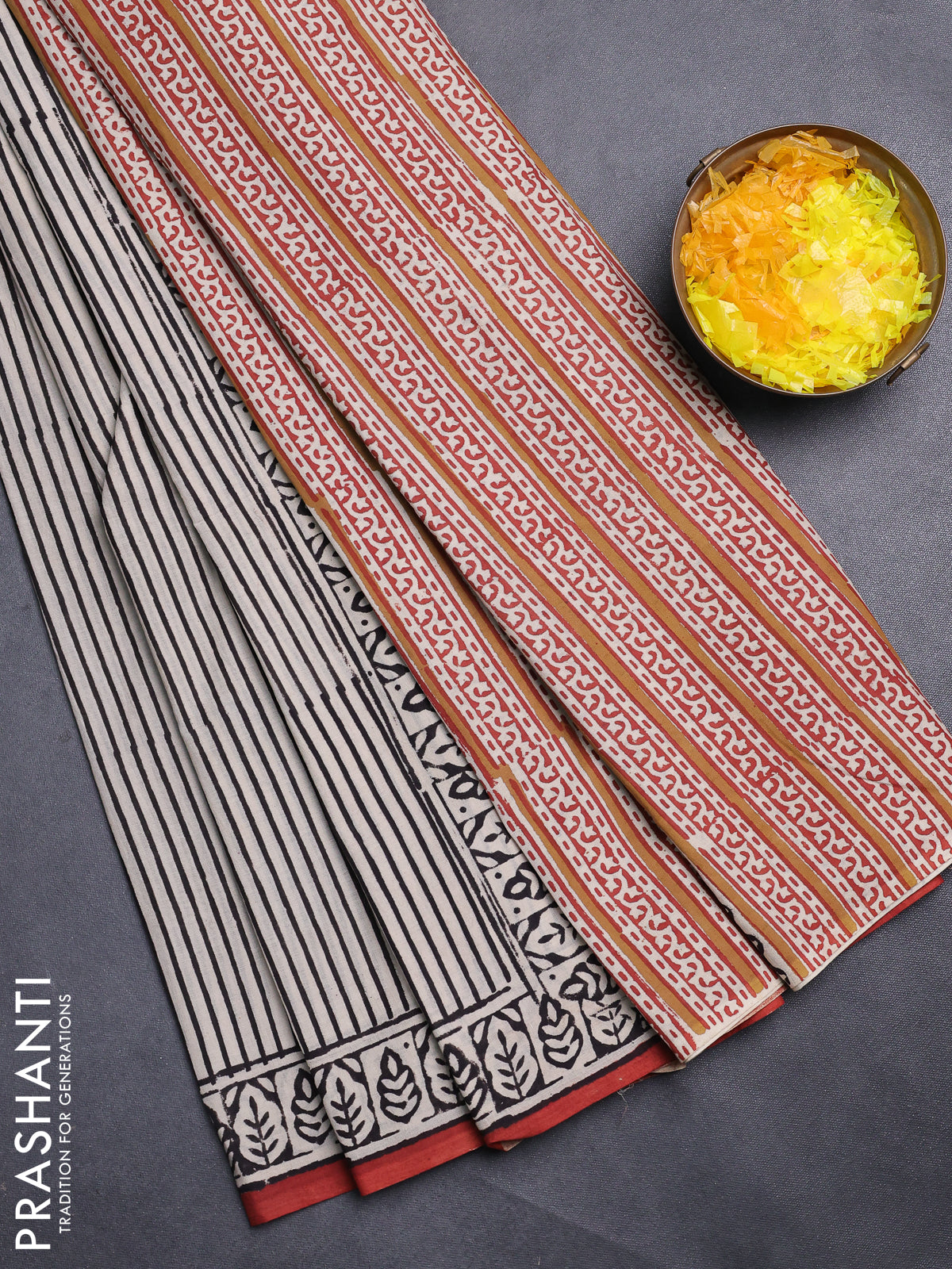 Jaipur cotton saree beige and black with allover stripe pattern and printed border
