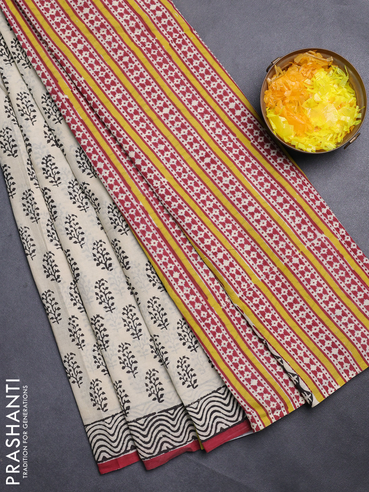 Jaipur cotton saree beige black and marron with allover paisley prints and printed border