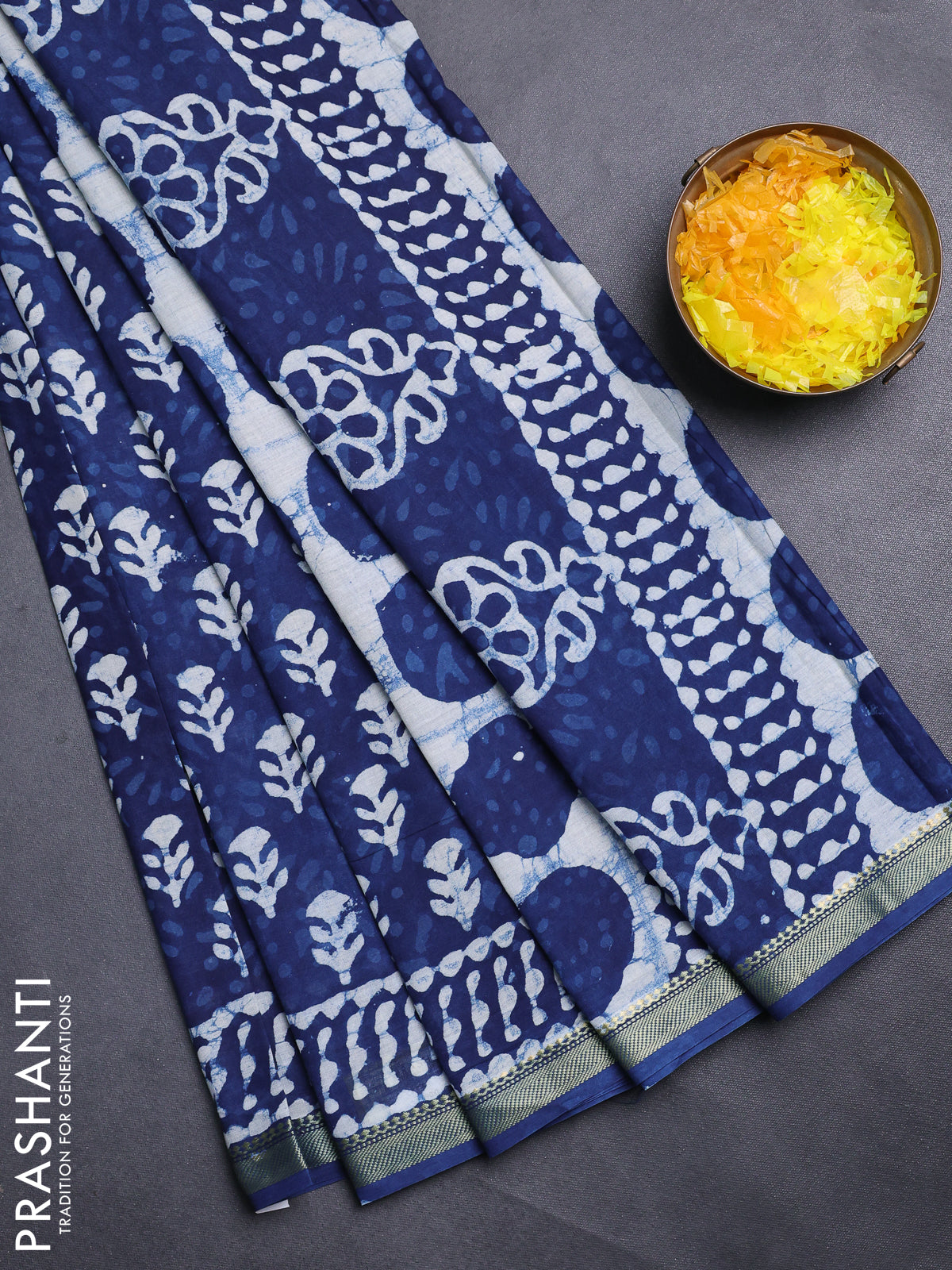 Jaipur cotton saree navy blue and off white with allover batik prints and printed border