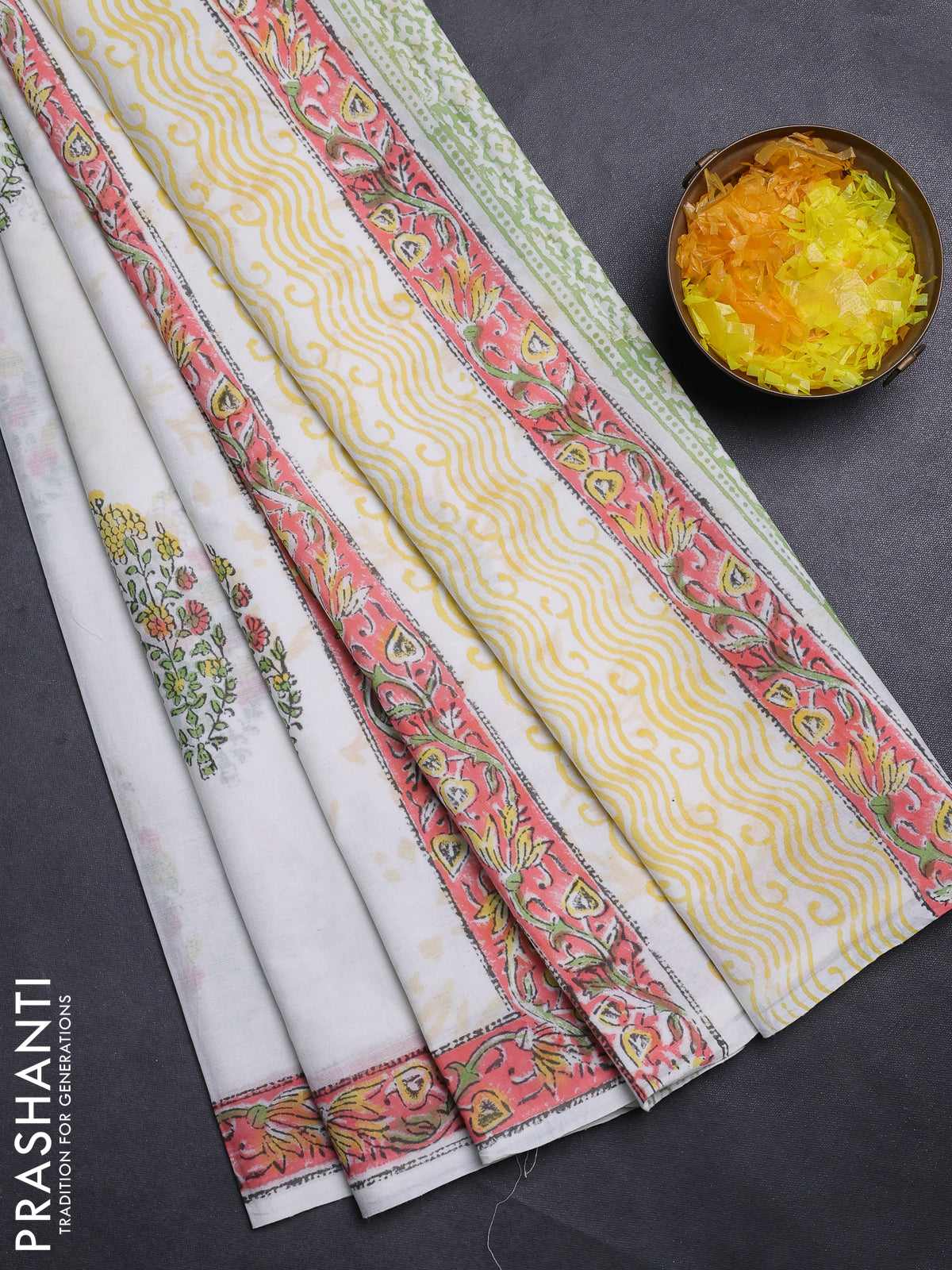 Jaipur cotton saree off white and peach with butta prints and printed border