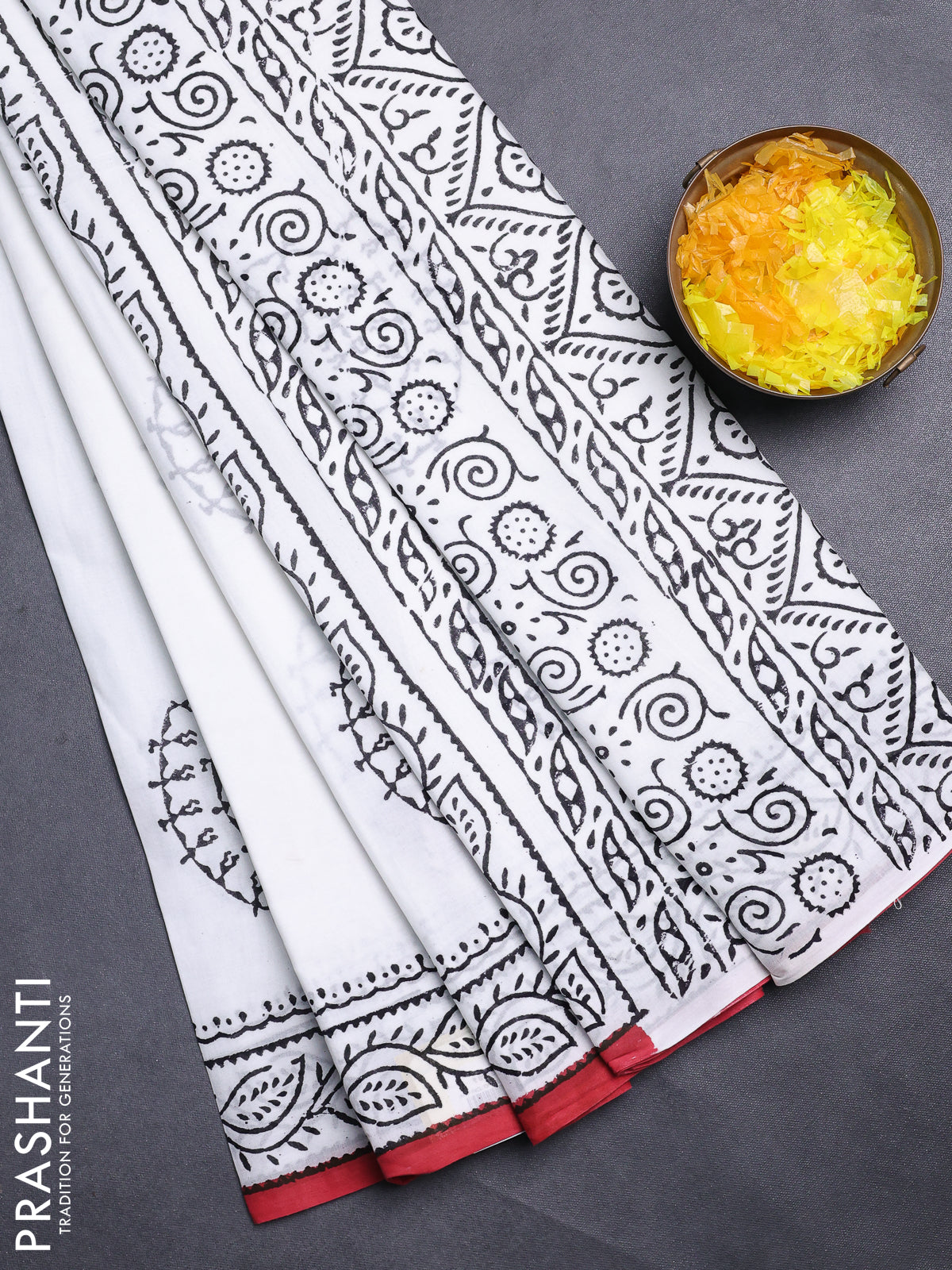 Jaipur cotton saree off white and marron with warli butta prints and printed border