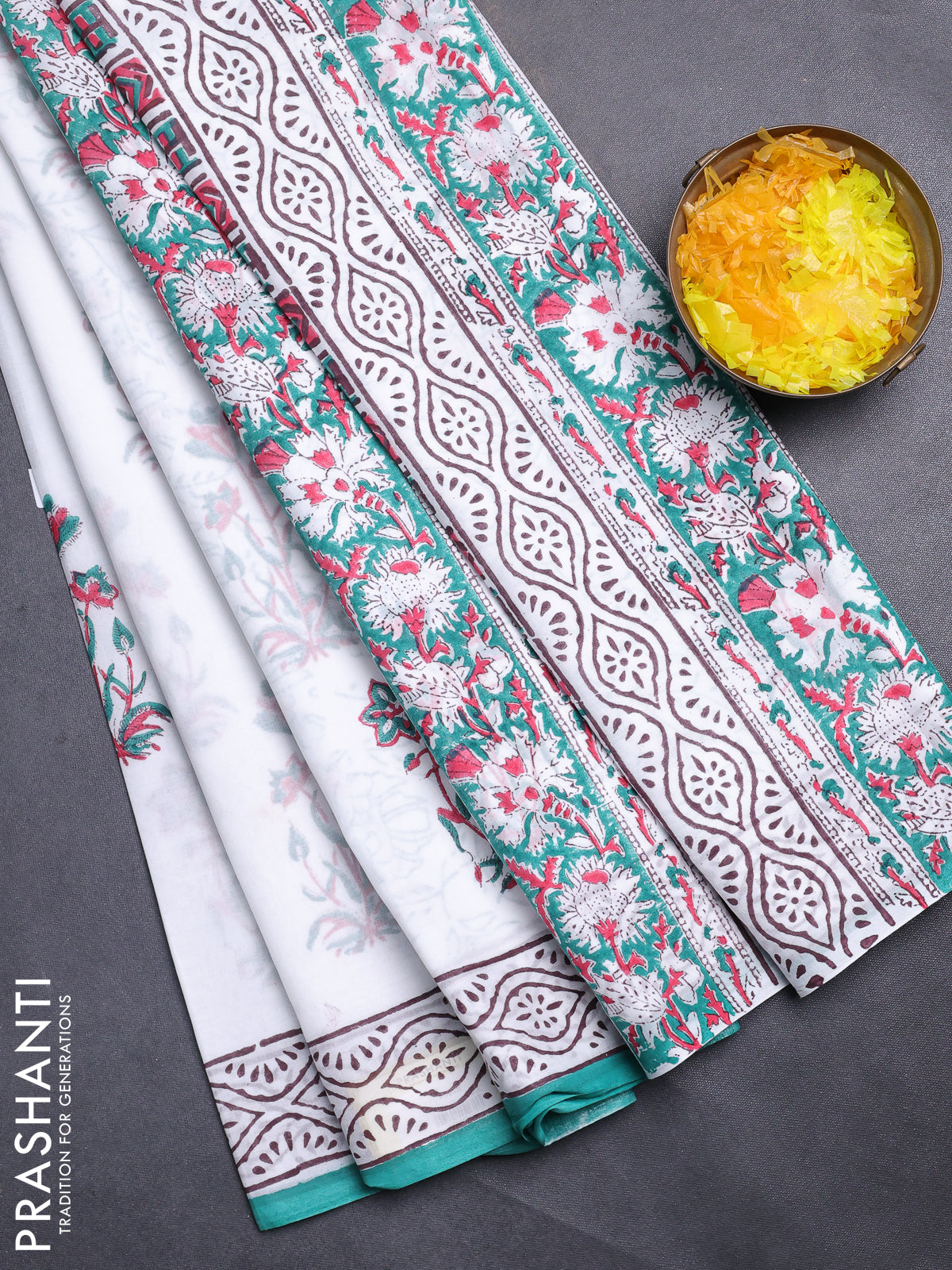 Jaipur cotton saree off white and teal blue with floral butta prints and printed border