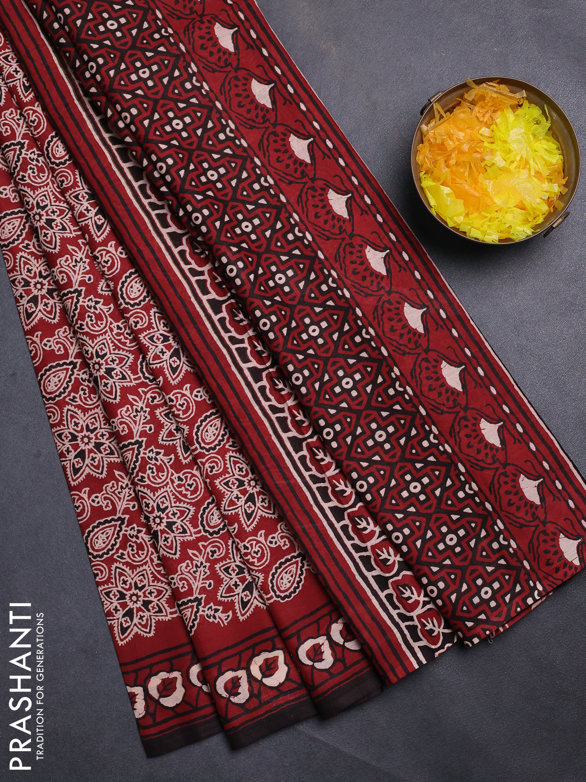 Jaipur cotton saree marron and black with allover kalamkari prints and printed border