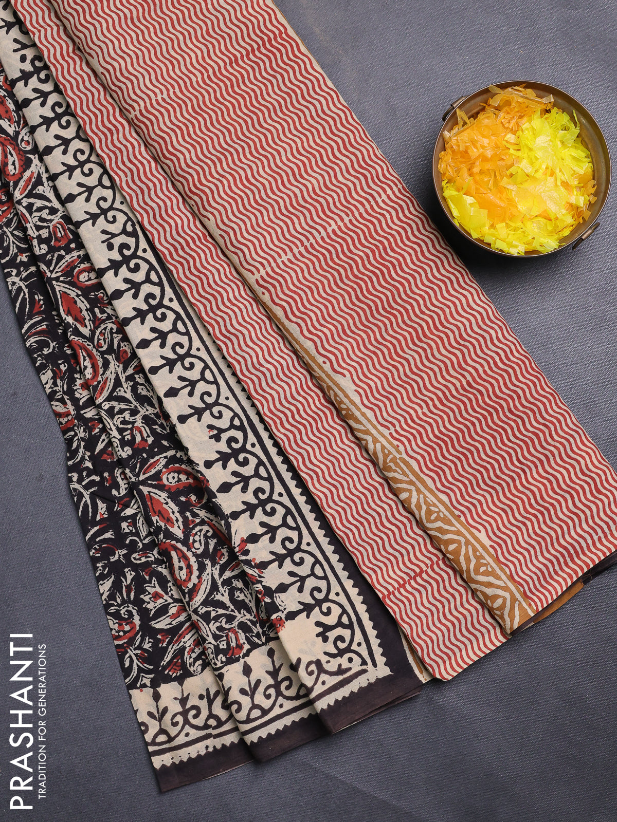 Jaipur cotton saree black and beige with allover kalamkari prints and printed border
