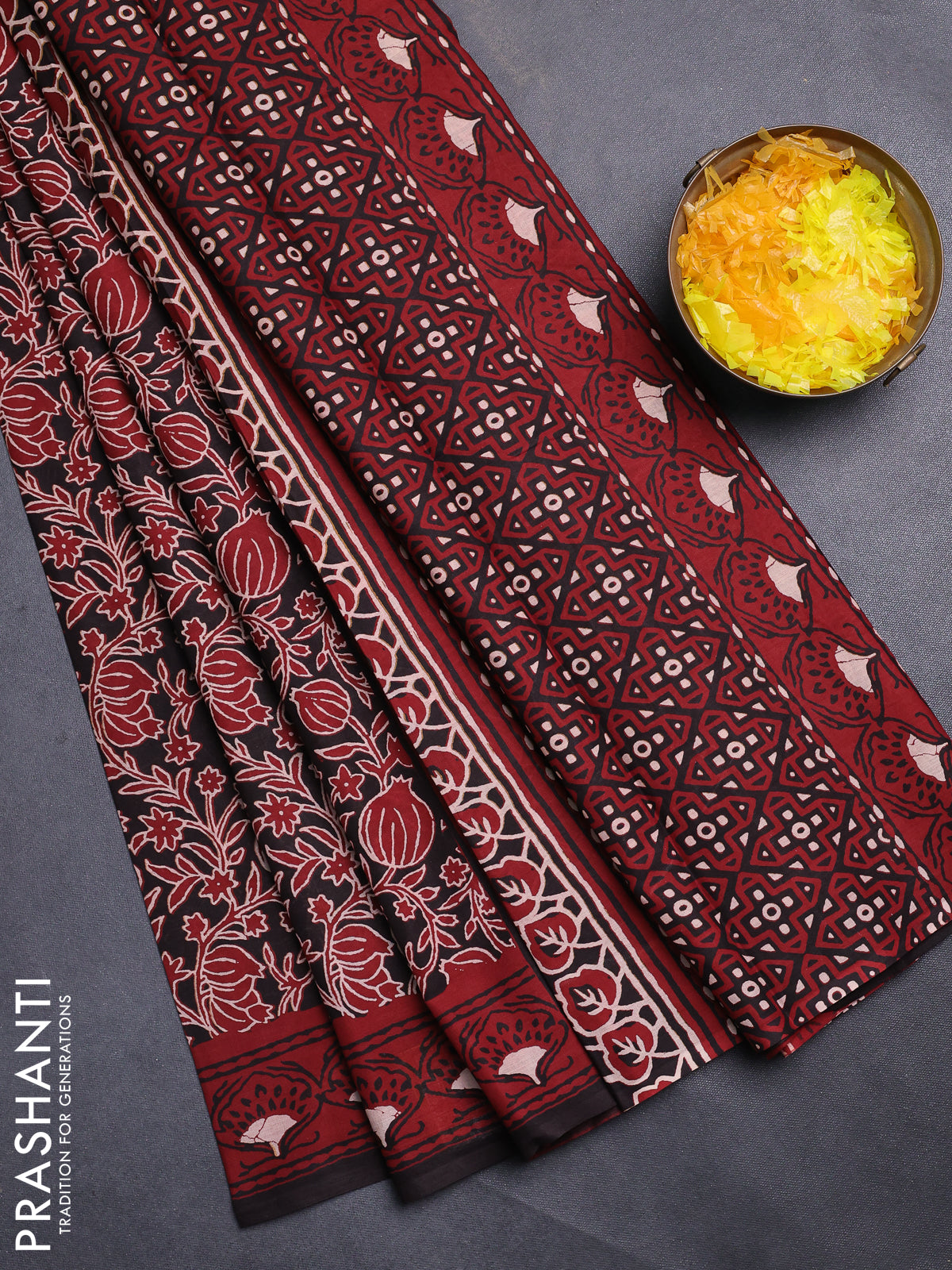 Jaipur cotton saree black and maroon with allover kalamkari prints and printed border