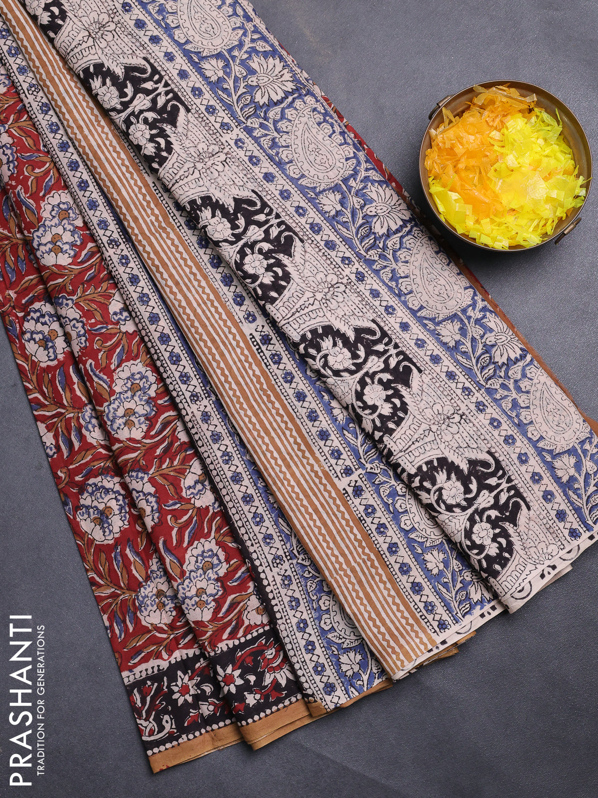 Jaipur cotton saree maroon and sandal with allover kalamkari prints and printed border