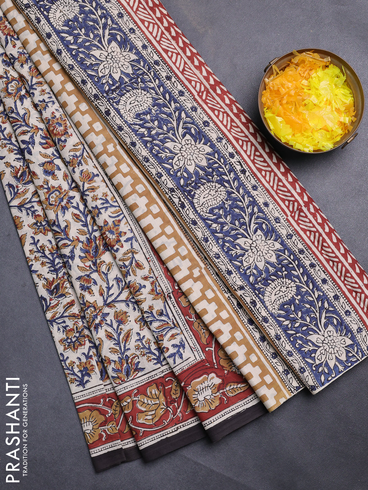 Jaipur cotton saree beige blue and maroon with allover kalamkari prints and printed border