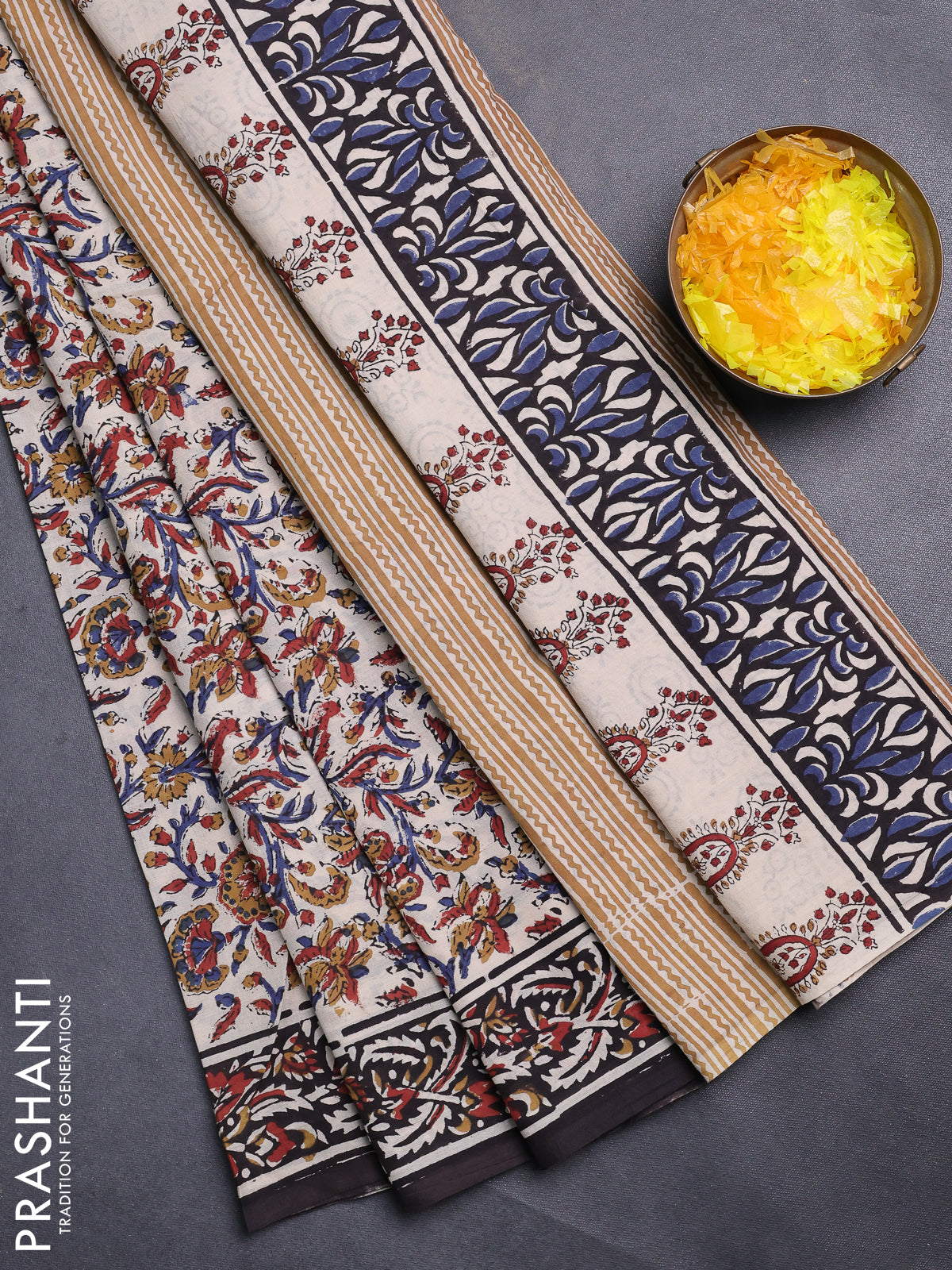 Jaipur cotton saree beige and black with allover kalamkari prints and printed border