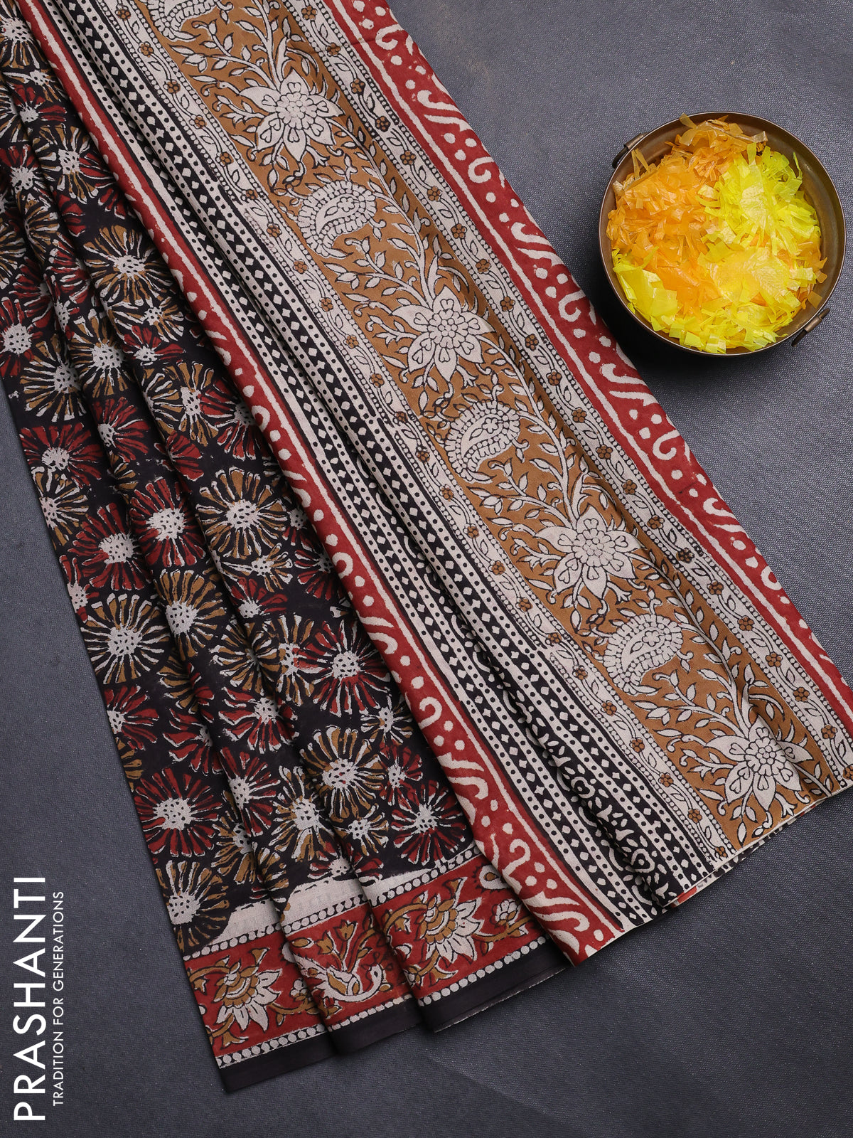 Jaipur cotton saree black and maroon with allover kalamkari prints and printed border
