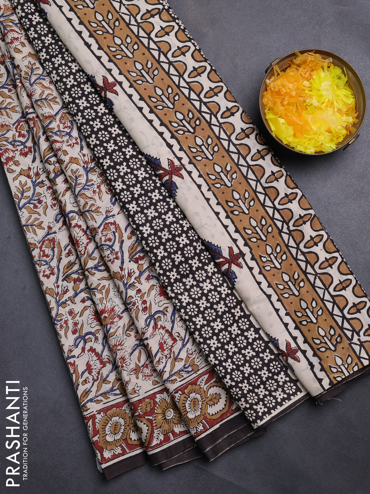Jaipur cotton saree beige and maroon with allover kalamkari prints and printed border