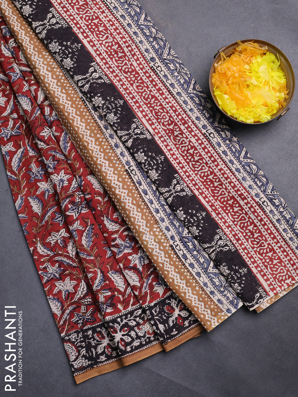 Jaipur cotton saree maroon and black with allover kalamkari prints and printed border