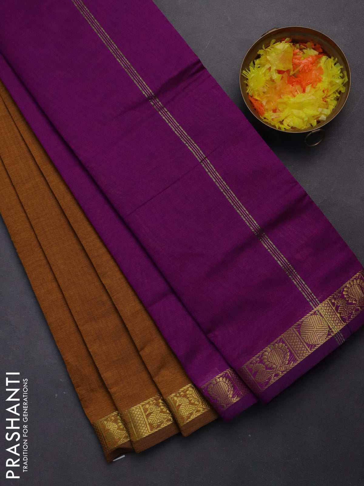 10 yards Poly cotton saree dark mustard and purple with plain body and zari woven border