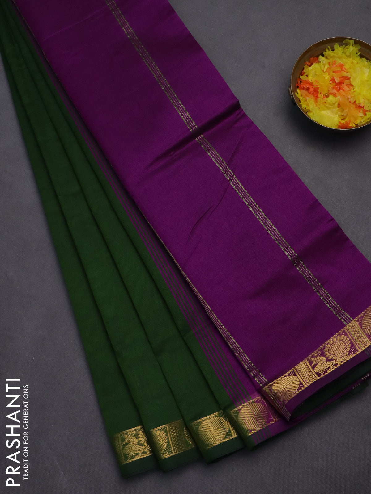 10 yards Poly cotton saree green and purple with plain body and zari woven border