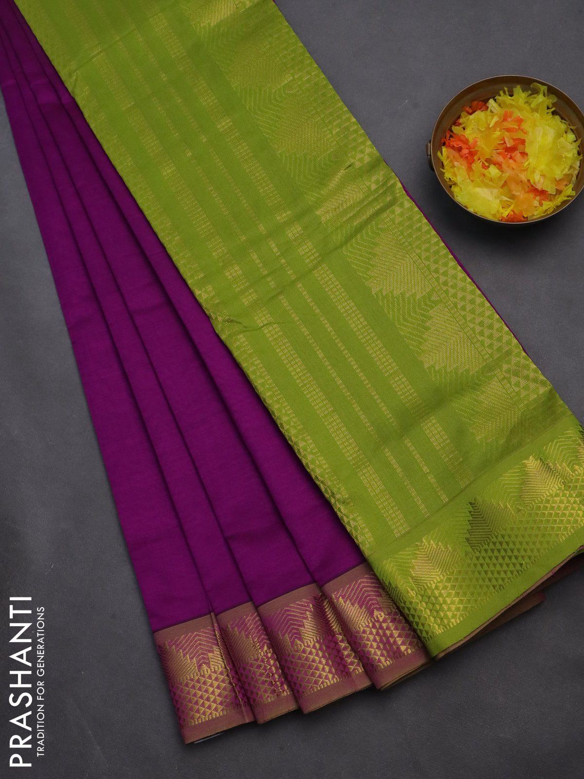 10 yards Poly cotton saree purple and light green with plain body and zari woven border