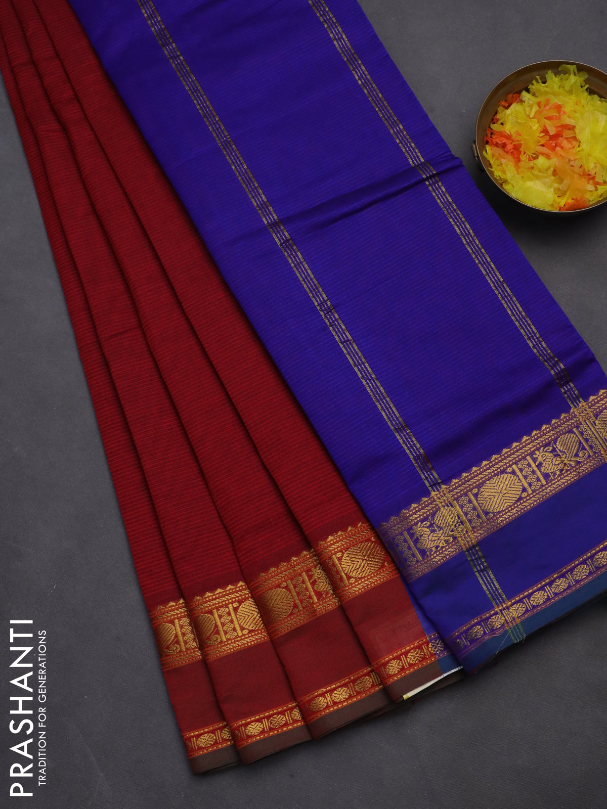 10 yards Poly cotton saree maroon and blue with plain body and rettapet zari woven border
