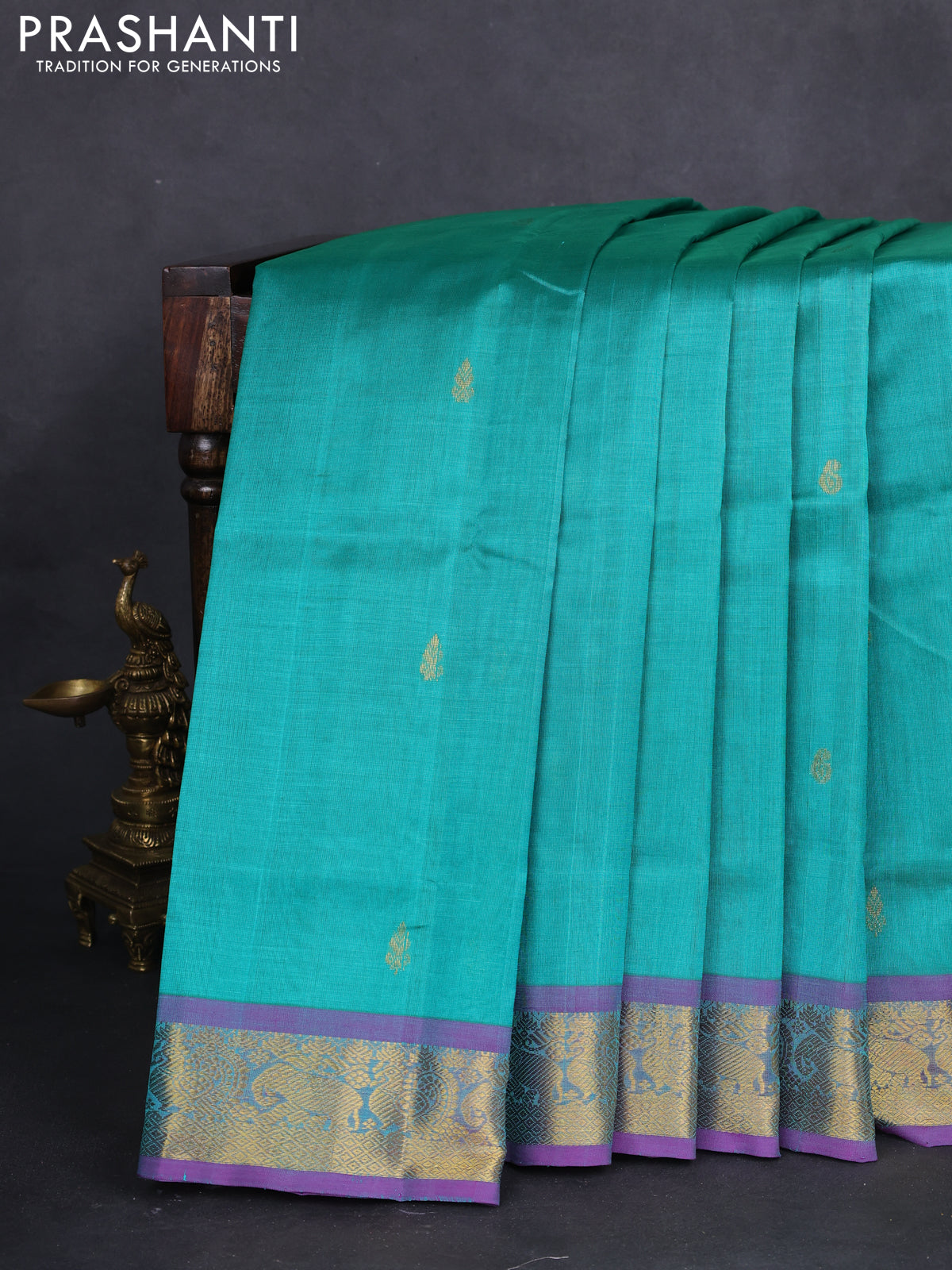 10 yards silk cotton saree teal green and purple with zari woven buttas and zari woven border