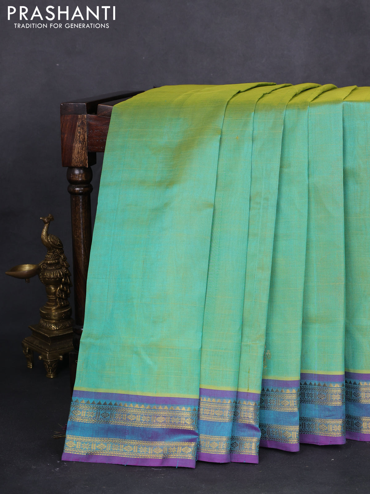 10 yards silk cotton saree light green and purple with rangoli design zari buttas and zari woven border