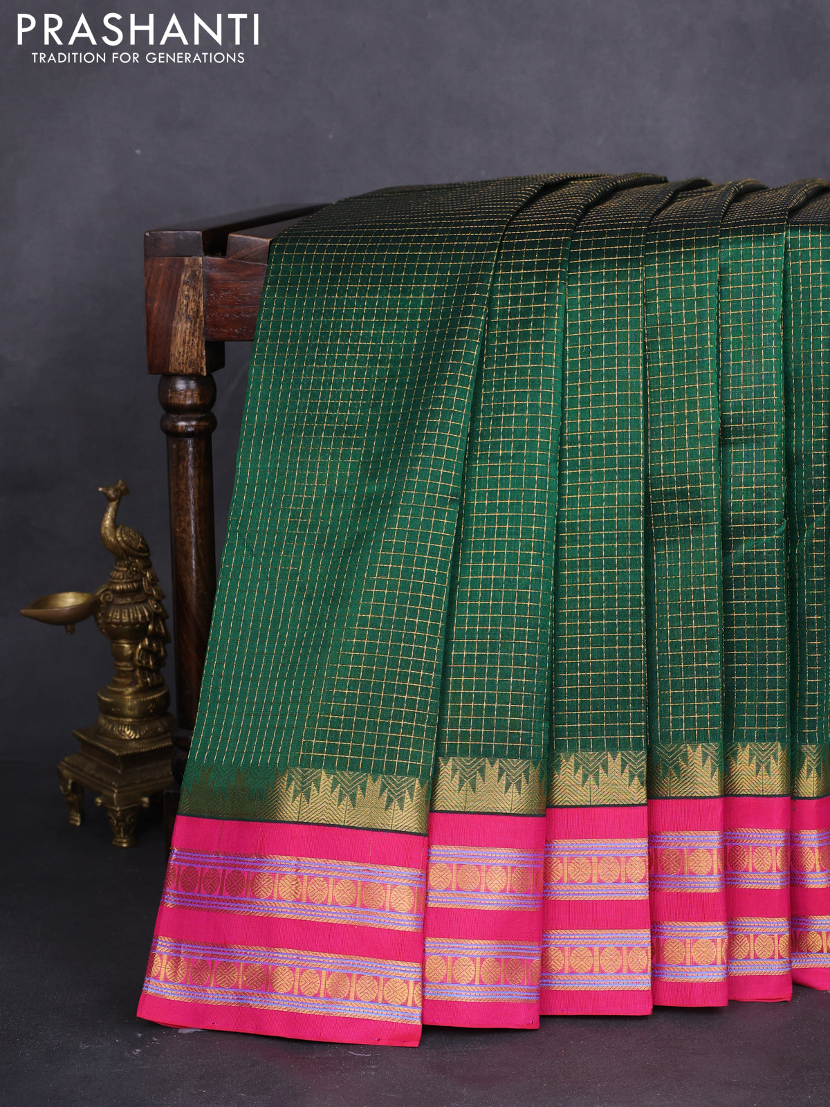 10 yards silk cotton saree green and pink with allover small zari checks and zari woven border