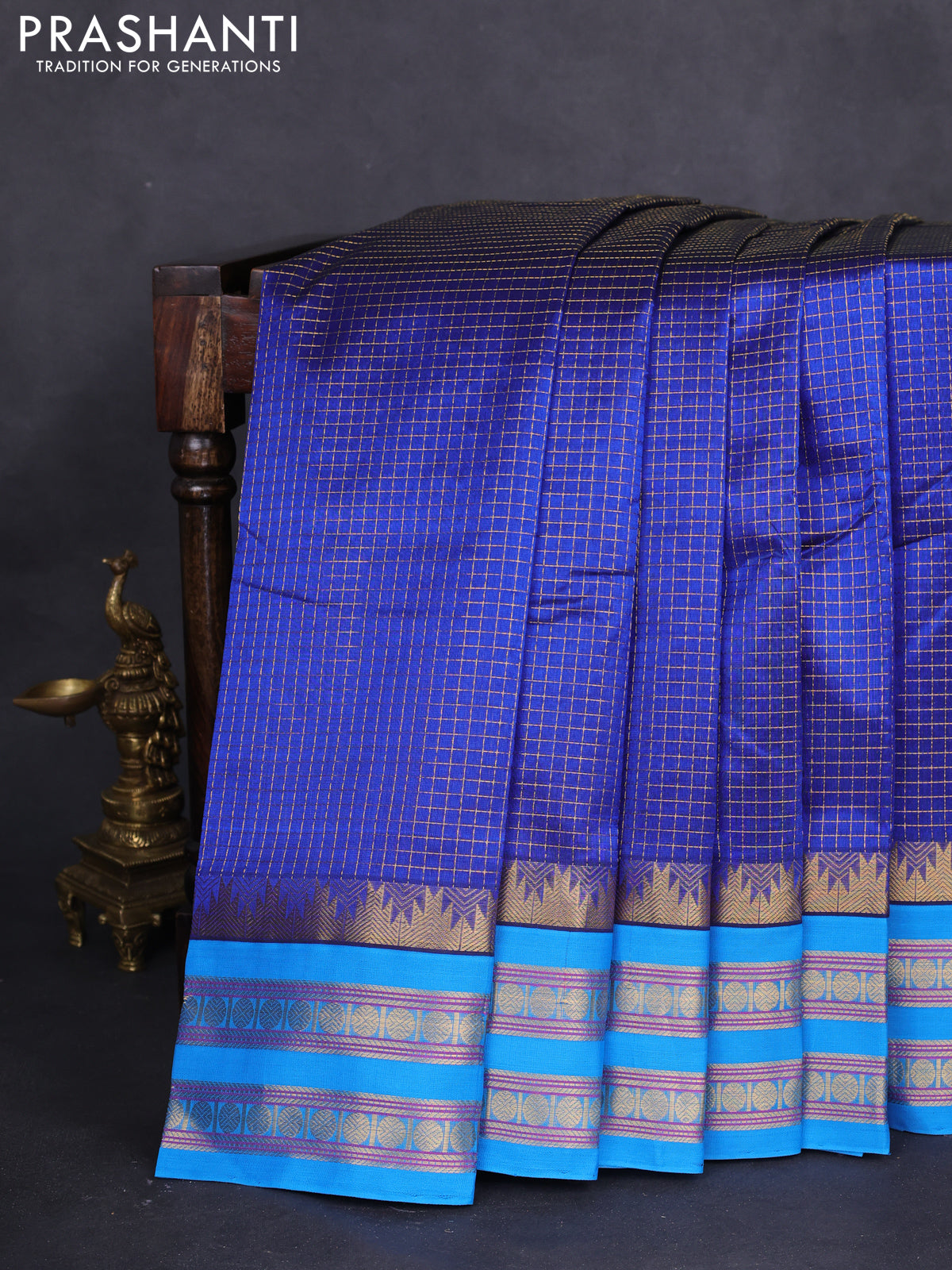 10 yards silk cotton saree blue and cs blue with allover small zari checks and zari woven border