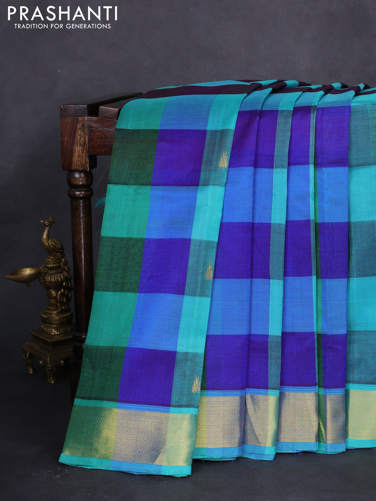 10 yards silk cotton saree teal blue and blue with allover paalum pazhamum checks & buttas and zari woven border