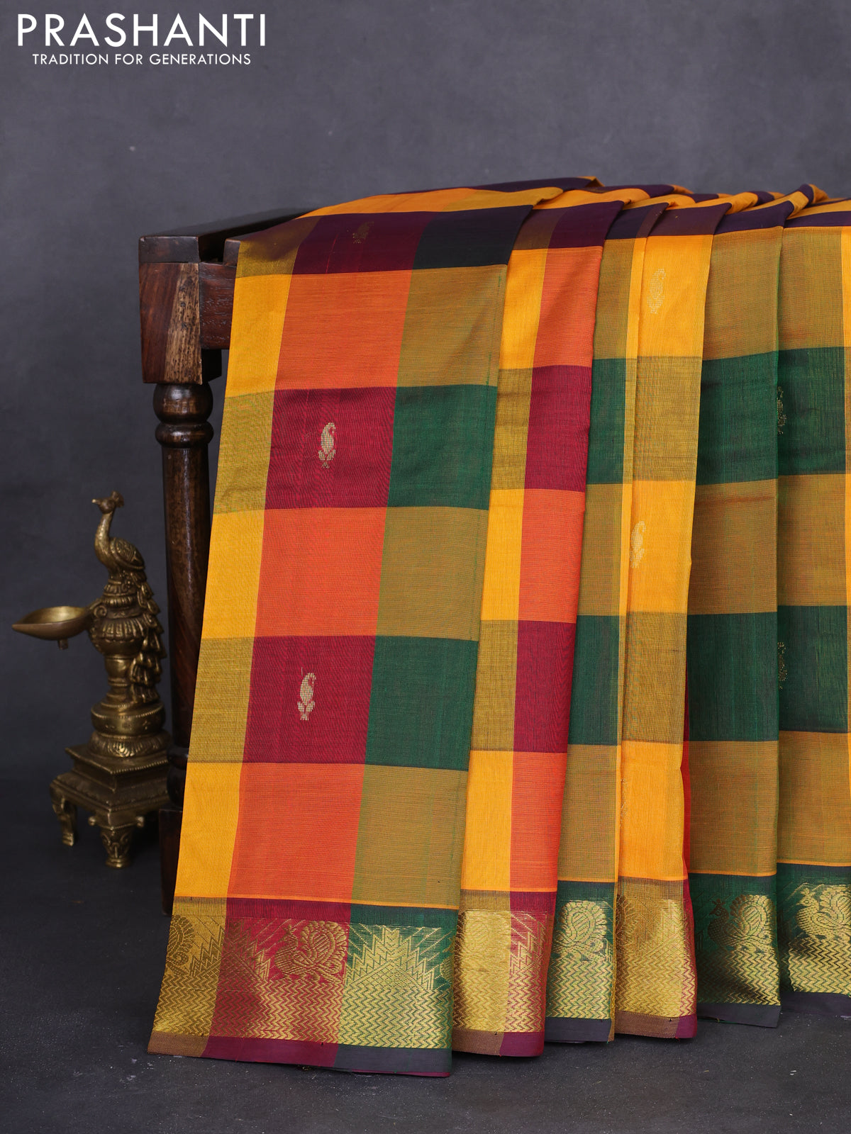 10 yards silk cotton saree multi colour and green with allover paalum pazhamum checks & buttas and zari woven border