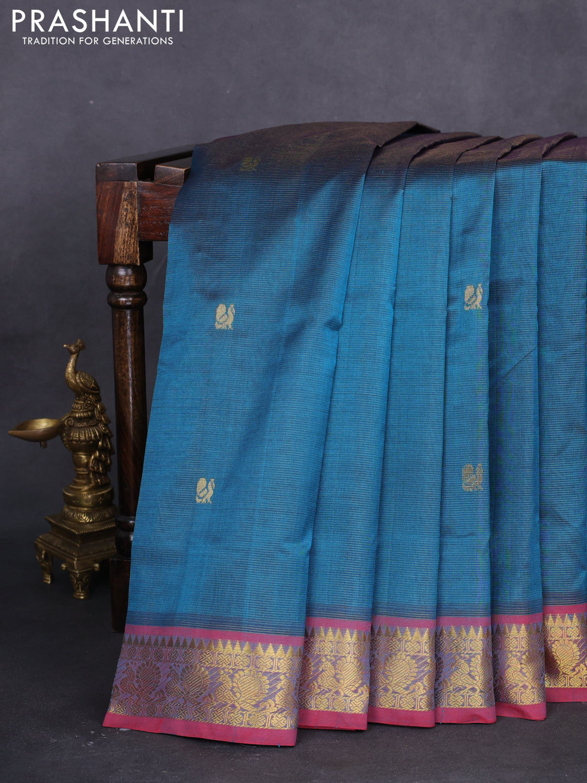 10 yards silk cotton saree peacock green and maroon with allover vairaosi pattern & zari buttas and zari woven border