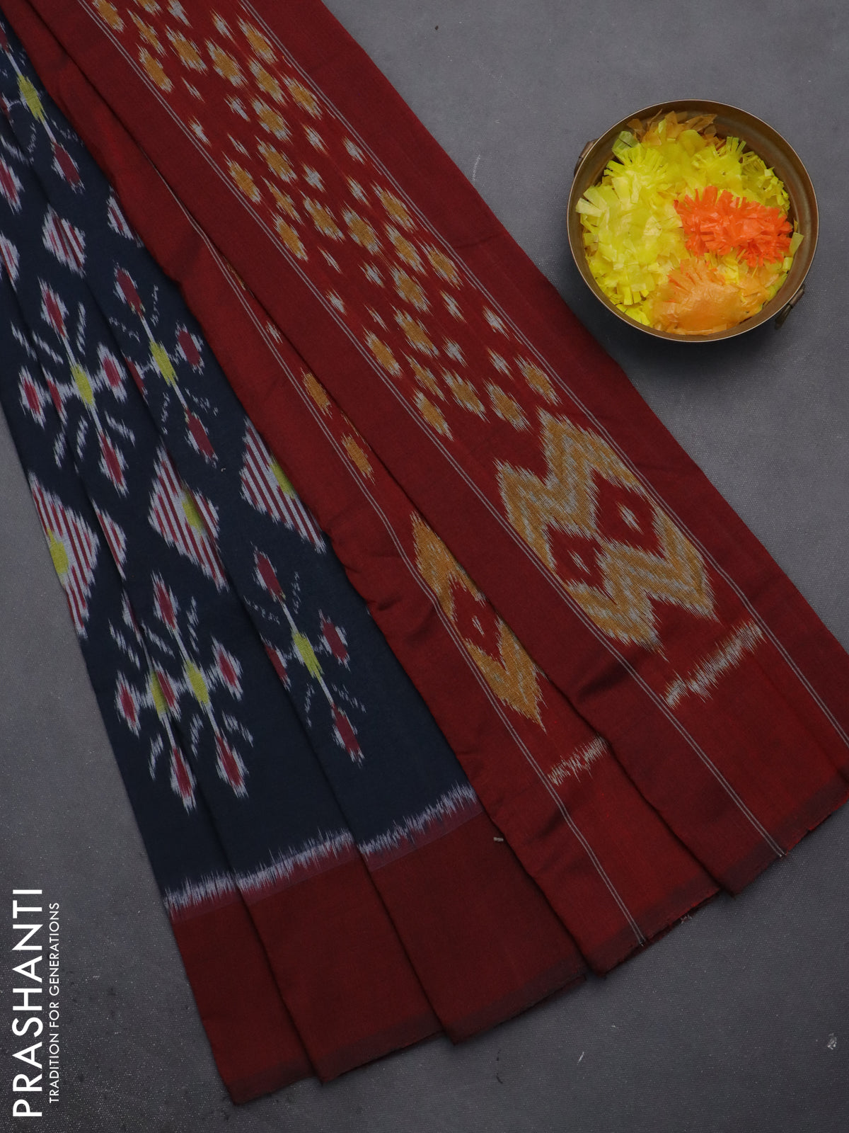 Ikat cotton saree dark peacock blue and maroon with allover ikat butta weaves and simple border