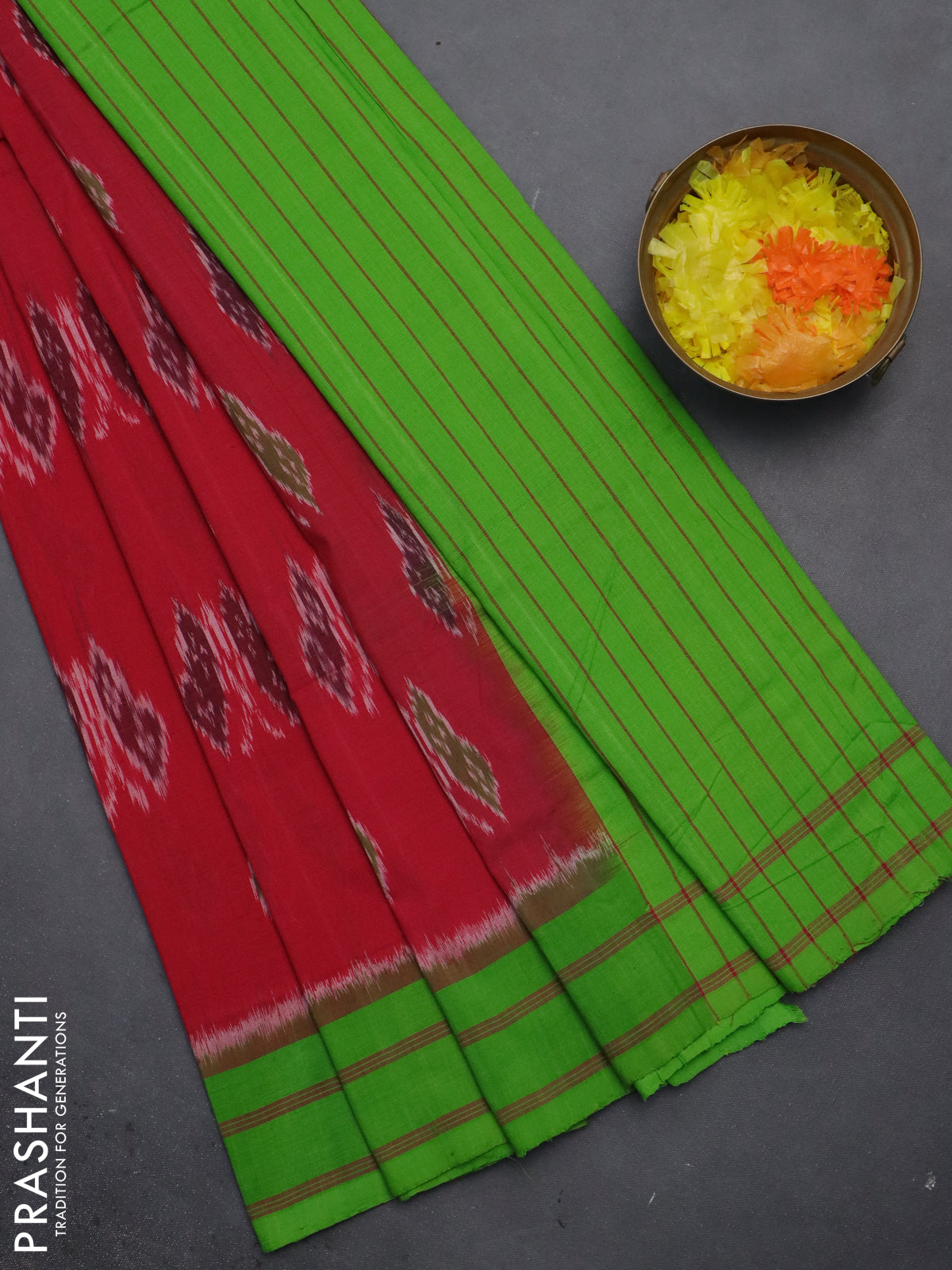Ikat cotton saree pink and light green with allover ikat butta weaves and simple border