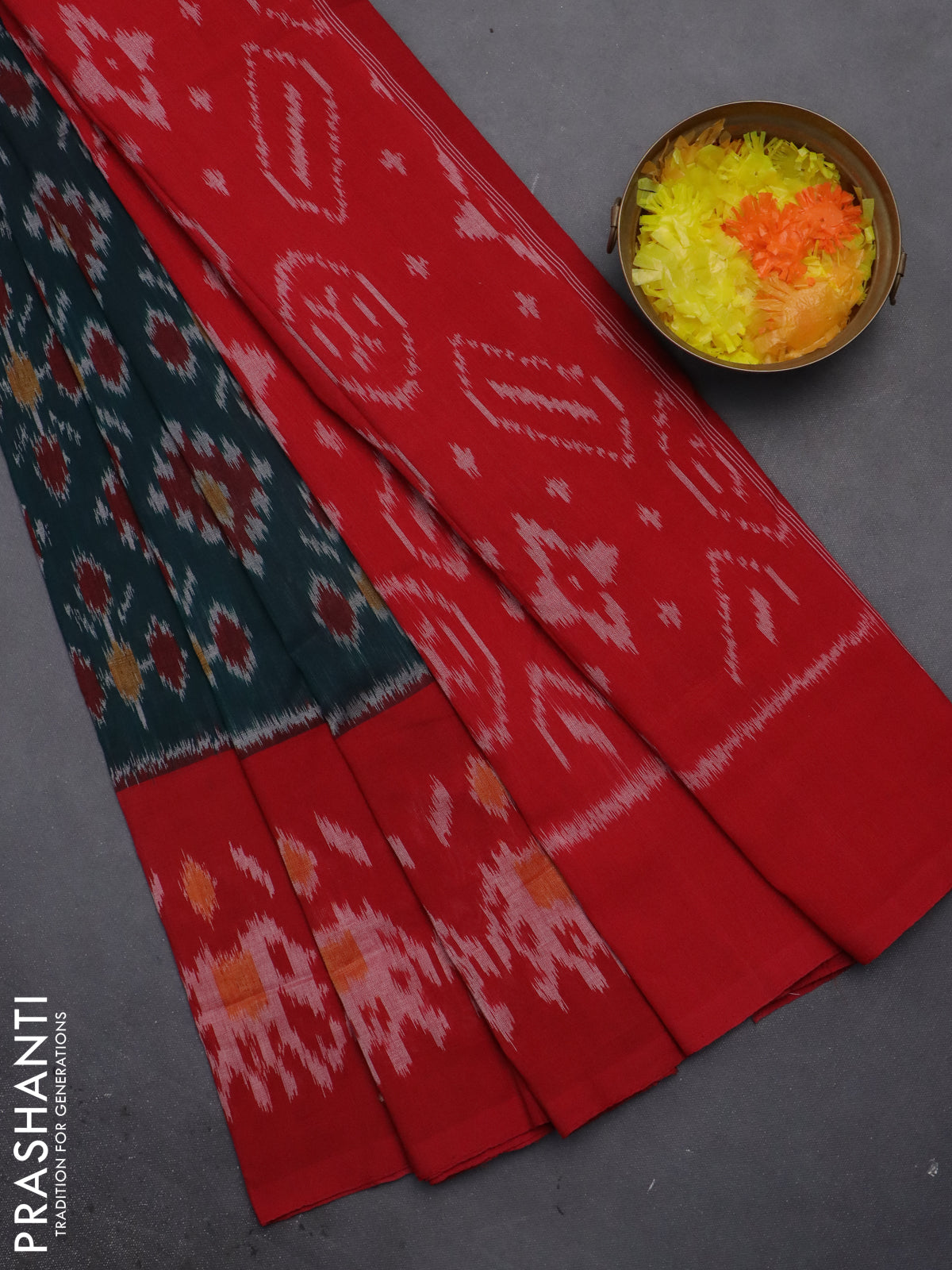 Ikat cotton saree peacock green and red with allover ikat butta weaves and long ikat style border