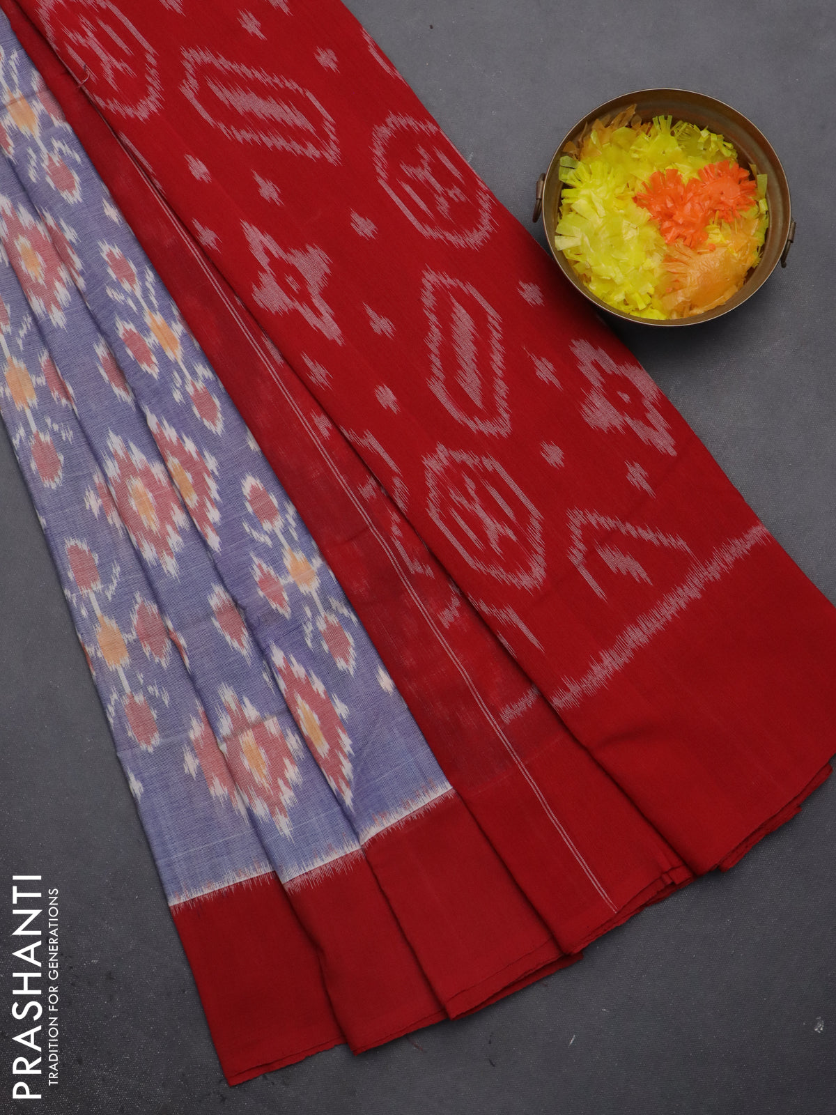 Ikat cotton saree blue shade and red with allover ikat butta weaves and long ikat style border