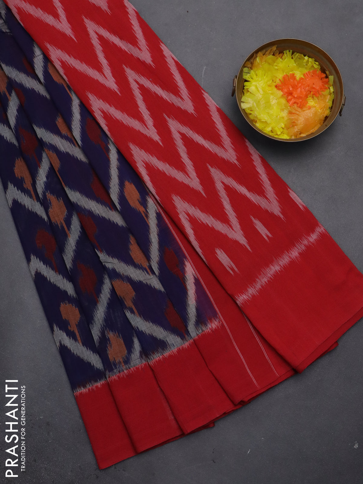 Ikat cotton saree dark blue and red with allover zig zag ikat weaves and simple border