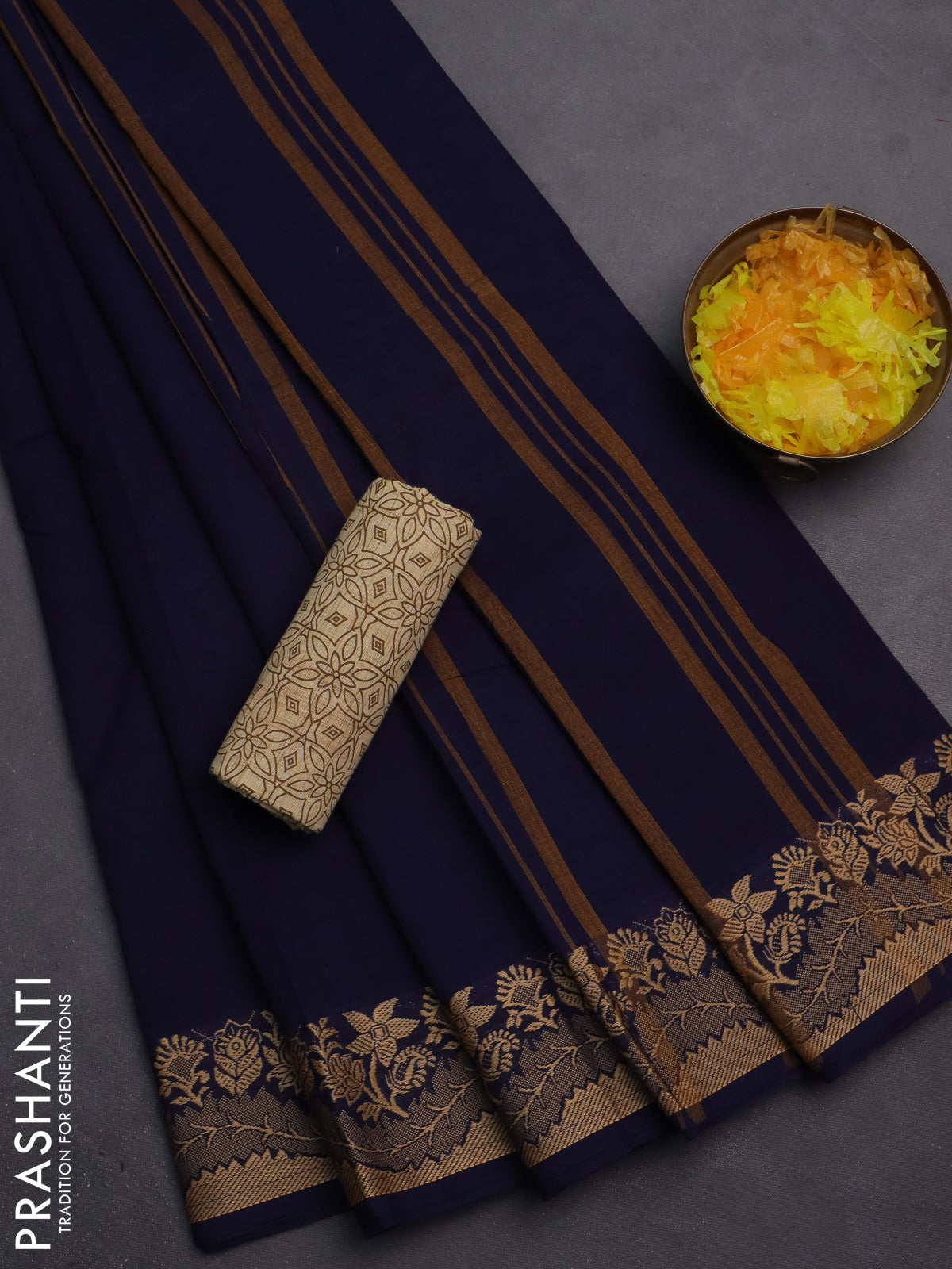10 Yards chettinad cotton saree navy blue and sandal with plain body and thread woven border