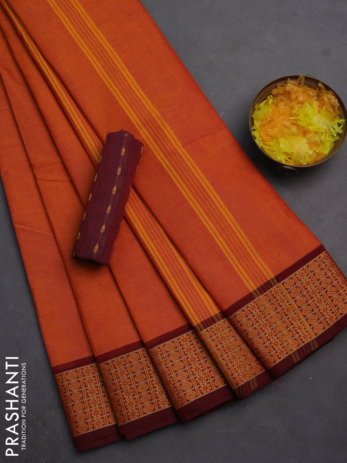 10 Yards chettinad cotton saree dual shade of orange and dual shade of maroon with plain body and thread woven border