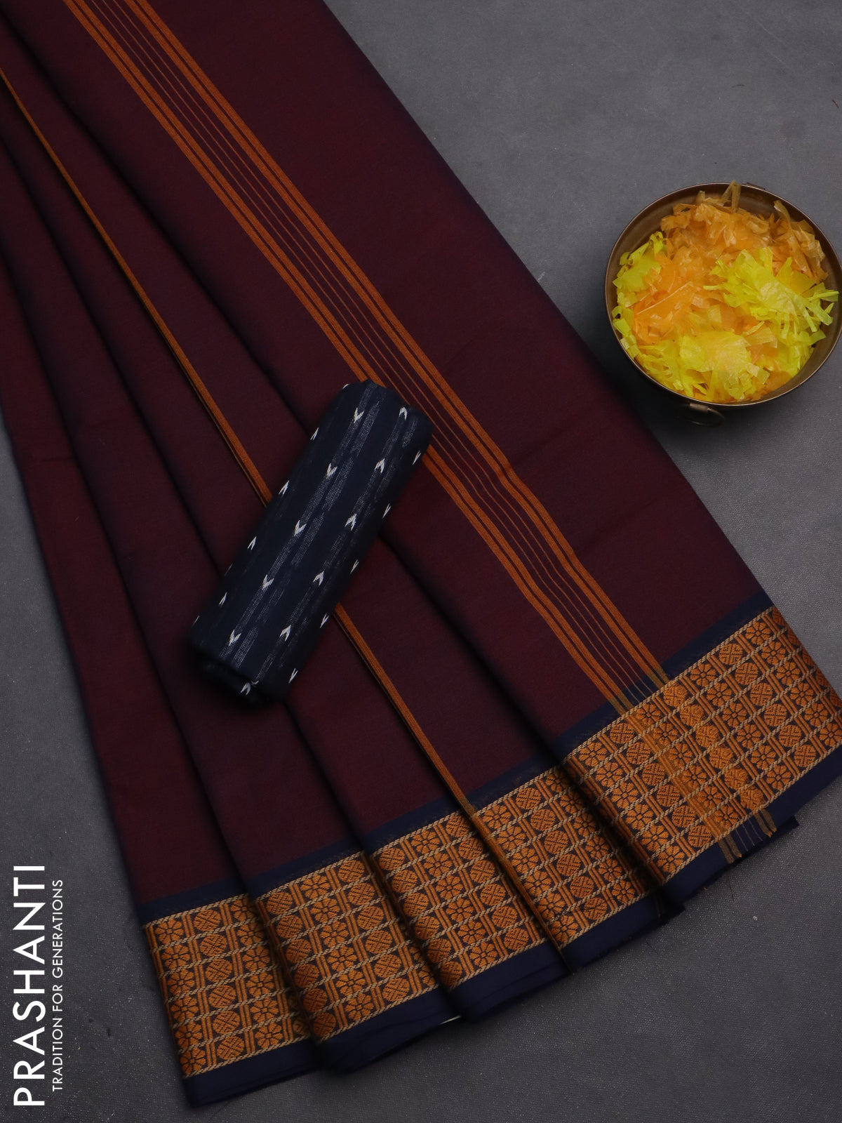 10 Yards chettinad cotton saree deep maroon and peacock blue with plain body and thread woven border