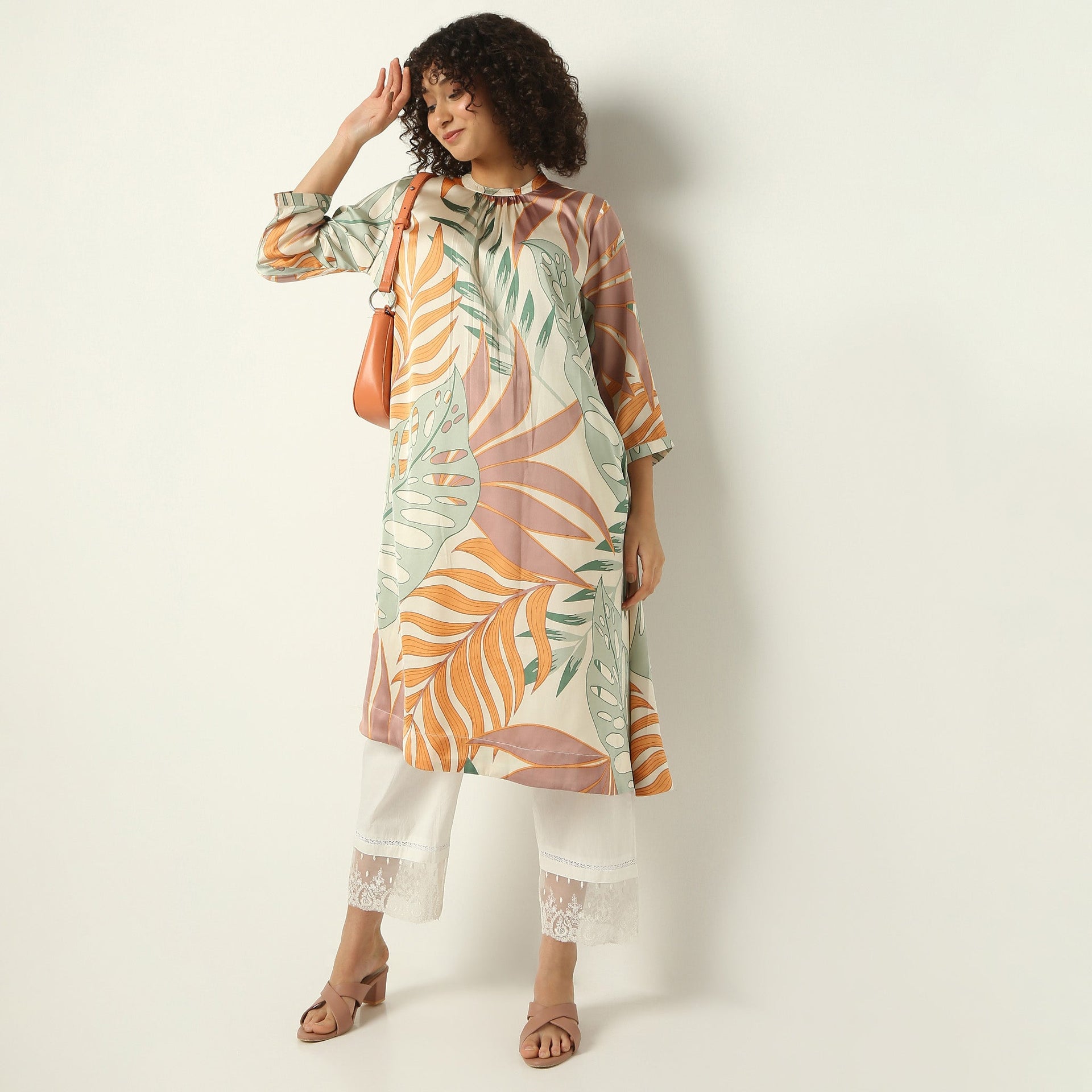 Band Collar Below Knee Three-Fourth Sleeve Flare Fit Printed Kurta
