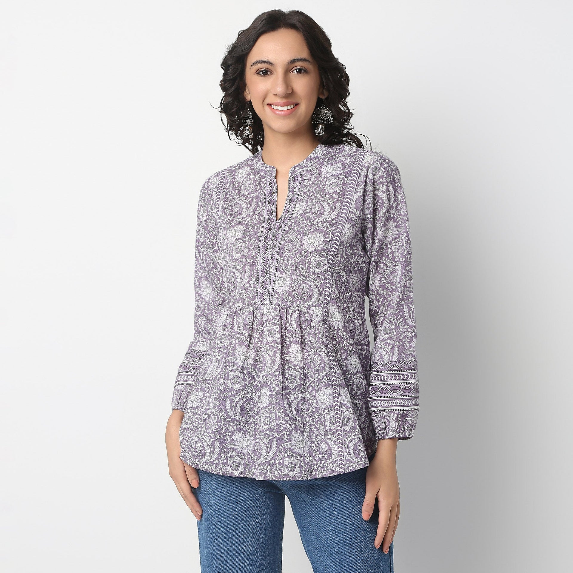 Band Neck Above Knee Three-Fourth Sleeve Flare Fit Printed Short Kurta