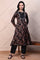 Black Ajrak Printed Satin Flared Kurta with Aari Embroidery on Yoke