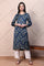 Blue Ajrak Printed Satin Straight Kurta with Sequin Work