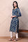 Blue Ajrak Printed Satin Straight Kurta with Sequin Work
