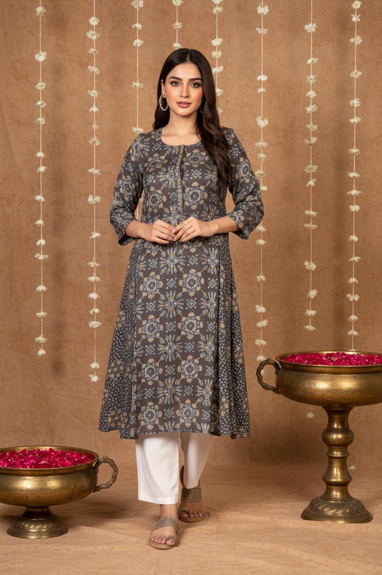 Brown Geometric Print Sequined A-Line Modal Satin Kurta