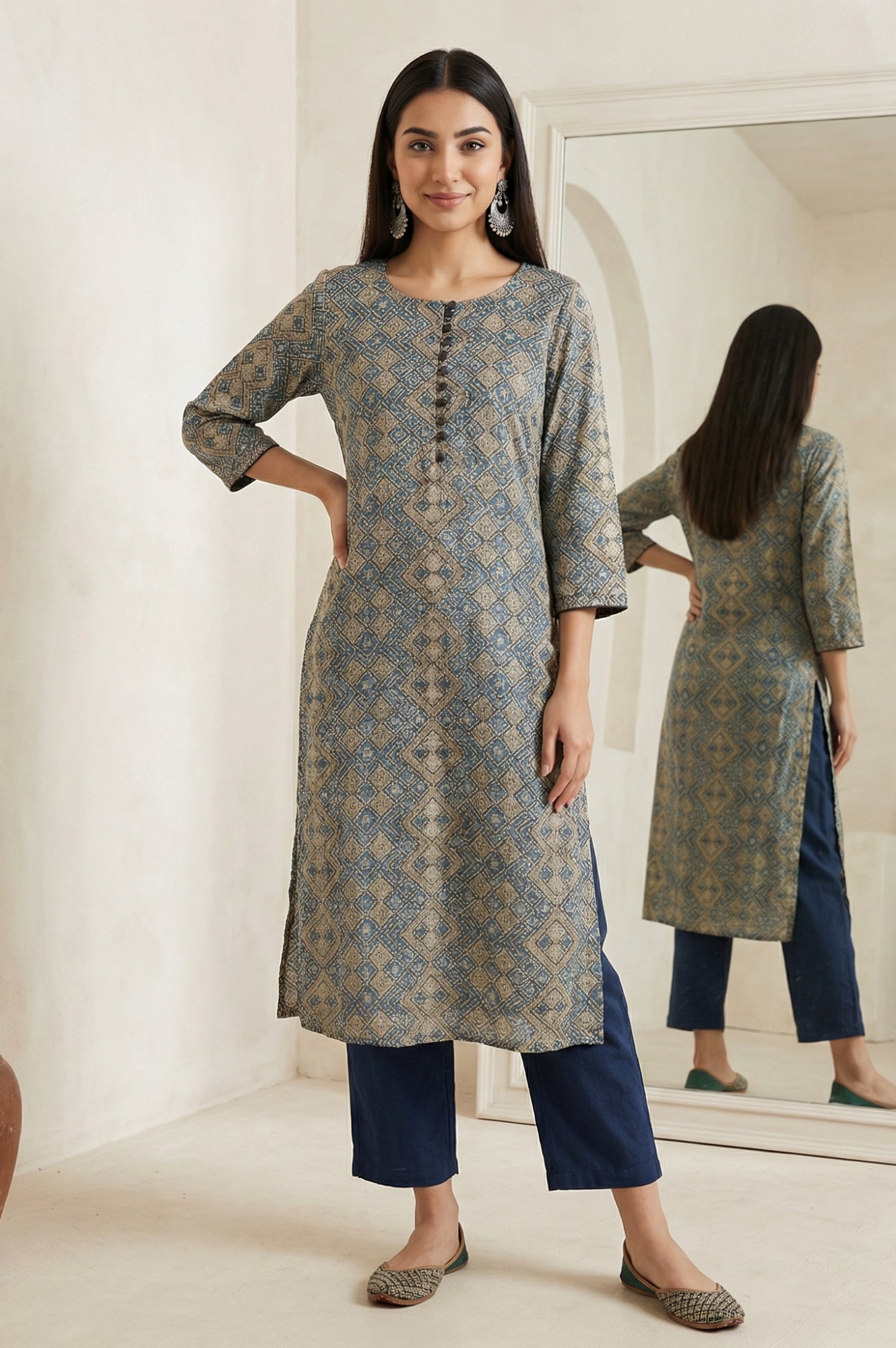 Beige Ajrak Printed Mirror Work Modal Satin Straight Kurta