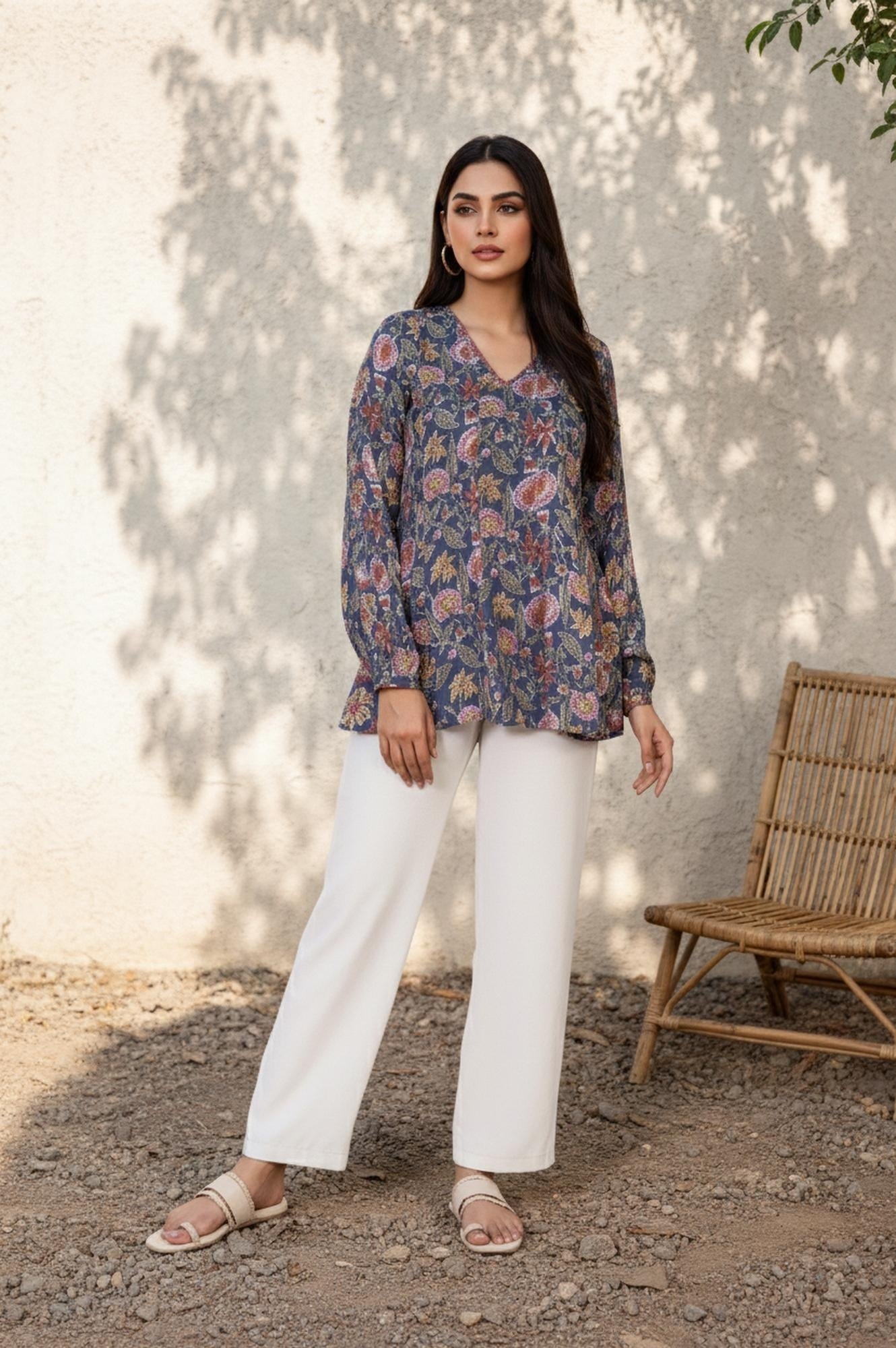 Blue Floral Thread Work Flared Modal Satin Top