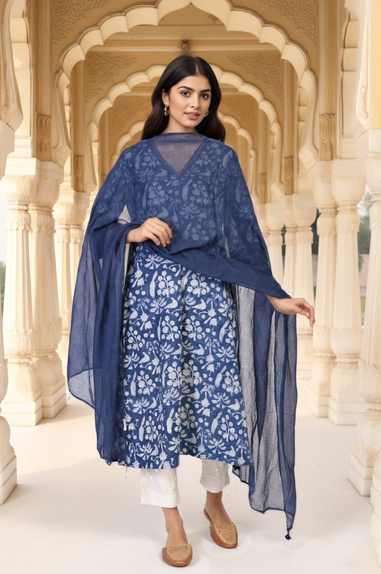 Blue Floral Print Mukaish Work Cotton Dupatta