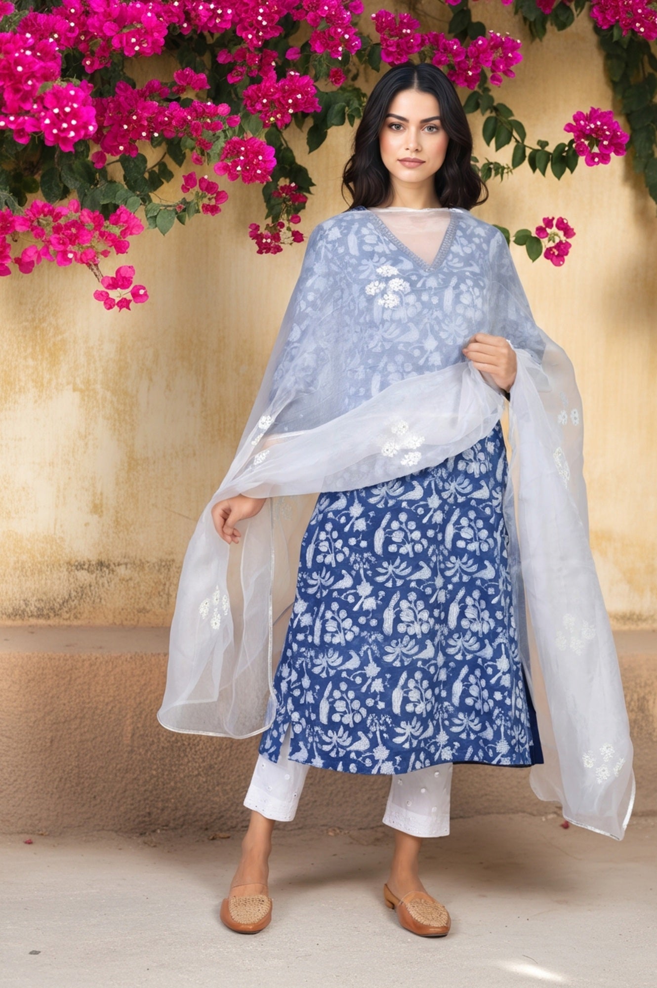 Ecru Floral Embroidered Thread Work Straight Organza Dupatta