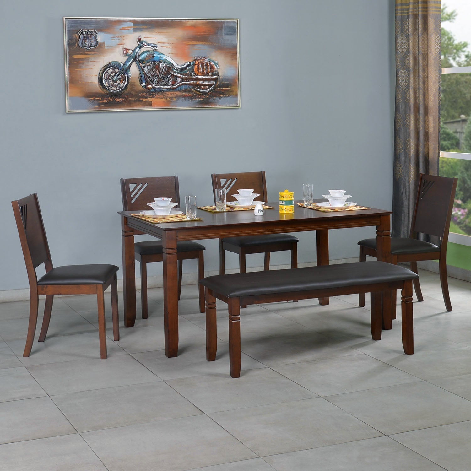 Floret 6 Seater Dining Set With Bench (Walnut)