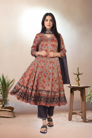 Beige Ethnic Motifs Printed Embellished Anarkali Satin Kurta with Straight Pant and Dupatta Set